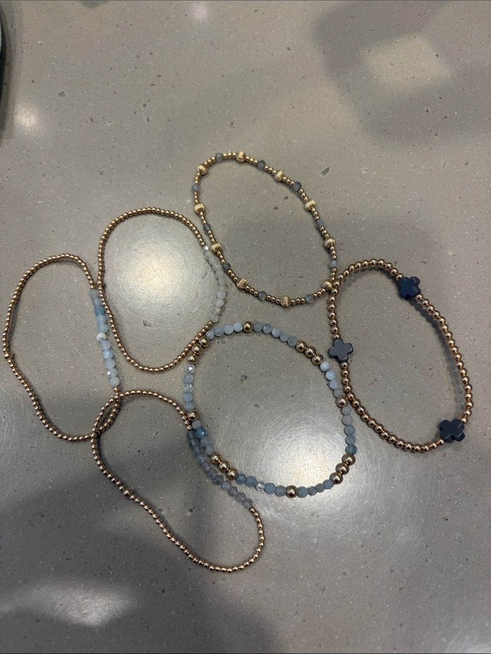 enewton Gold Bead Bracelet Set with Light Blue and Gray  Accents